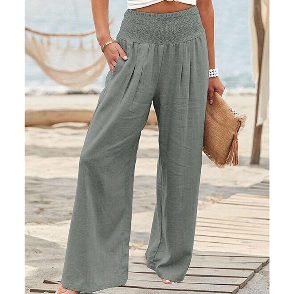 NWT! - Floral Blooming Woman's Gray Smocked - Waist Pocket Wide Leg Pants Size M